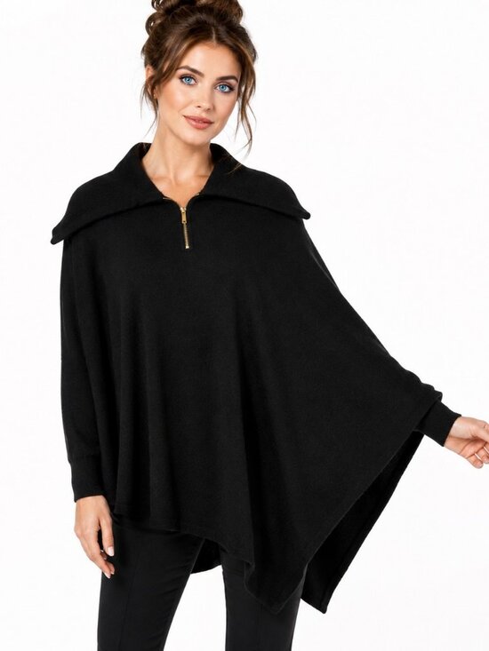 Nina Leonard Sweaters - Nina Leonard Lemmie Women's Black 1/4 Zip Asymmetrical Knit Poncho Sweater OS
